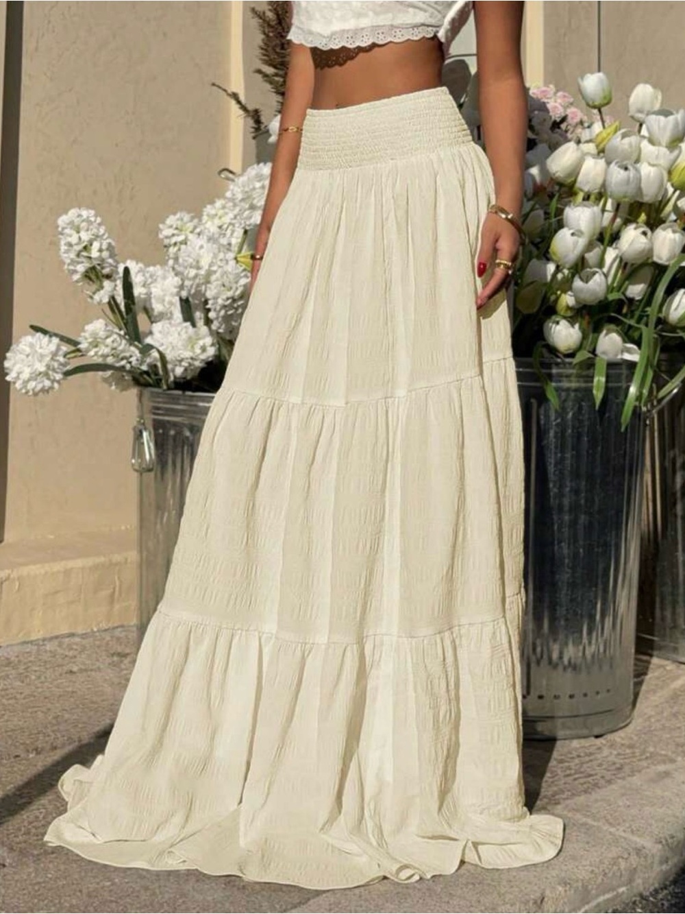 SHEIN Cream Boho Tiered Maxi Skirt with Smocked Waistband
